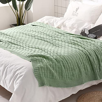 TREELY 100% Cotton Knitted Throw Blanket Couch Cover Blanket(60 x 80 Inches, Light Sage Green) - color: Sage Green, size: Twin (60 in x 80 in)