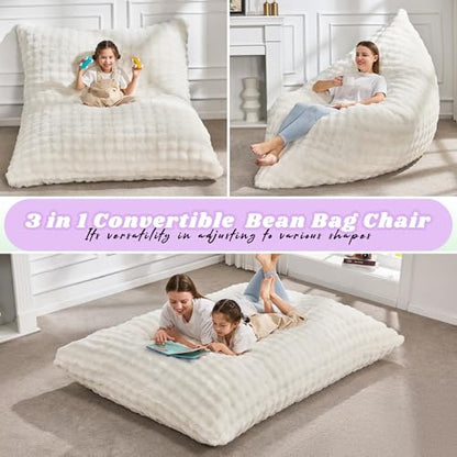 Hobestluk 3 in 1 Bean Bag Chair Giant Bean Bag Chairs for Adults with Bubble Cover Convertible Bean Bag Floor Cushion with Machine Washable Cover for Living Room (Bubble White) - color: Eider White