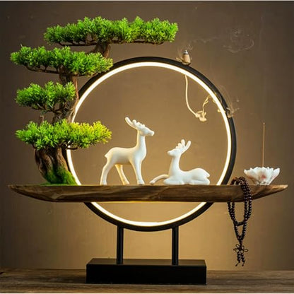 Ceramic Deer Statue Backflow Incense Burner，Circle LED Ring Light，Green Artificial Tree Welcome Pine， Meditation Statues for Home Decor