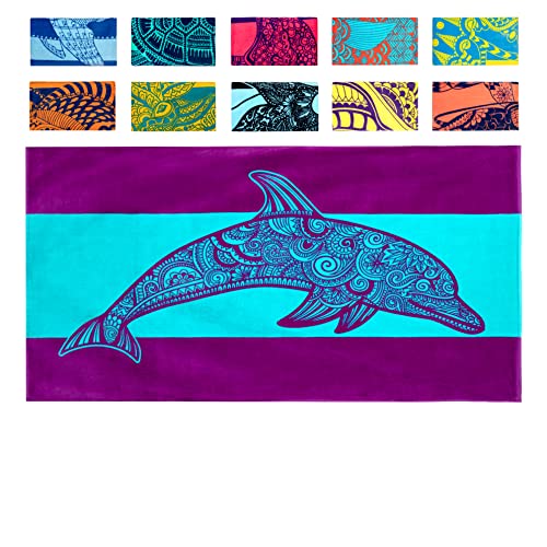 Nova Blue Dolphin Beach Towel – Tropical Blue & Purple Colors with A Unique Design, Extra Large, XL, Pool Towels (34”x 63”) Made from 100% Cotton - color: Dolphin