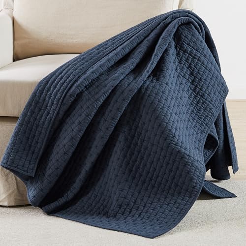 Levtex Home - Cross Stitch - Quilted Throw - 50x60in. - 100% Cotton - Reversible Pattern - Navy with Matching Stitching