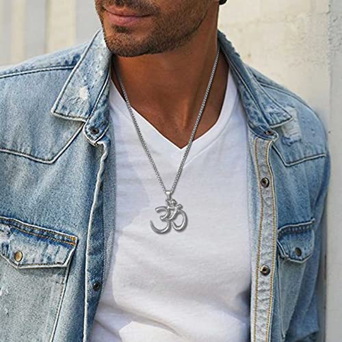 Stainless Steel Om Necklace for Men Women, gold plated/Silver/Black Yoga Charm Pendant Necklaces Aum Om Ohm Sanskrit Symbol Hindu Meditation Chain Necklace,Mens Womens Jewelry Gifts - color: Silver