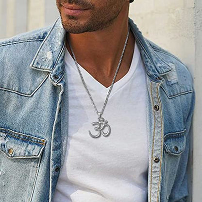 Stainless Steel Om Necklace for Men Women, gold plated/Silver/Black Yoga Charm Pendant Necklaces Aum Om Ohm Sanskrit Symbol Hindu Meditation Chain Necklace,Mens Womens Jewelry Gifts - color: Silver