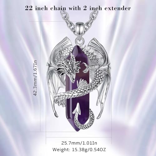 INFUSEU Unique Dragon Necklaces with Healing Crystal Stone for Men Women, Personalized Spiritual Gifts, 24 Inch Chain - color: Amethyst
