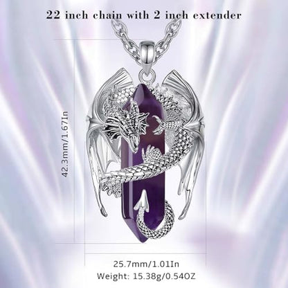 INFUSEU Unique Dragon Necklaces with Healing Crystal Stone for Men Women, Personalized Spiritual Gifts, 24 Inch Chain - color: Amethyst
