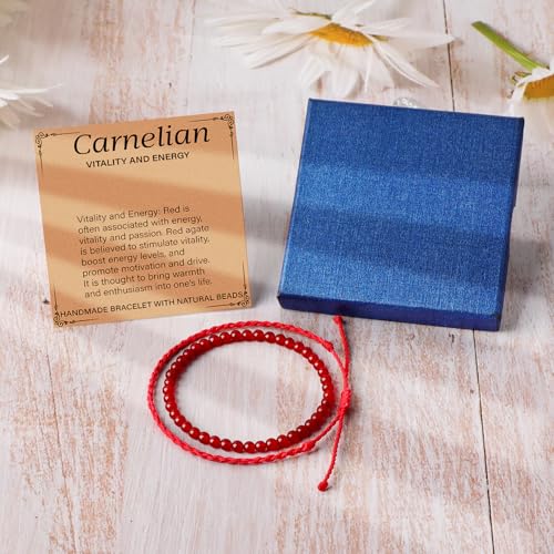 QOGIR 2pcs Handmade Healing Bracelet, Natural Gem Stone Crystal Elastic Bracelet - color: Carnelian(Vitality and Energy), size: 4mm