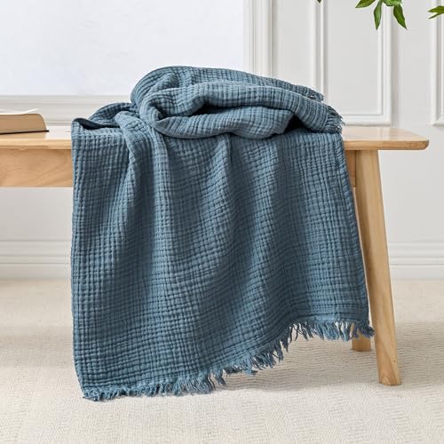 Esterra Muslin Throw Blanket 50x65 Inches Cozy Soft Lightweight Pre-Washed Cotton Blanket, All Season Breathable 4-Layer Gauze Blanket Throw for Sofa Couch Bed, Blue Mirage - color: 10 - Blue Mirage, size: Throw (50"x65")