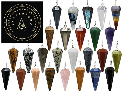 Amazing Gemstone Pack of 11 Crystal Pendulums Bulk Set with Pendulum Board - Wholesale Bulk Crystals - color: 11 Pendulums + Board