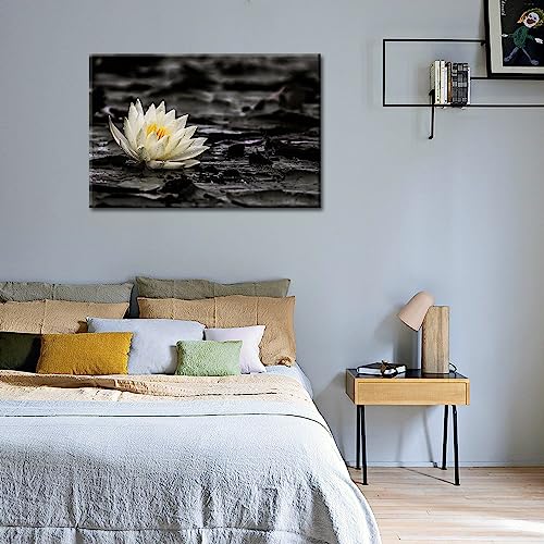GLOKAKA Spa Zen Wall Art White Lotus Flower in the Storm Canvas Picture,Black and White Meditation Decor Artwork,Zen Spiritual Wall Decor Artwork for Office,Bathroom,Yoga Studio