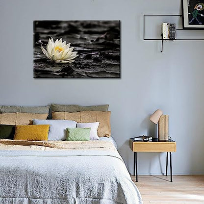 GLOKAKA Spa Zen Wall Art White Lotus Flower in the Storm Canvas Picture,Black and White Meditation Decor Artwork,Zen Spiritual Wall Decor Artwork for Office,Bathroom,Yoga Studio
