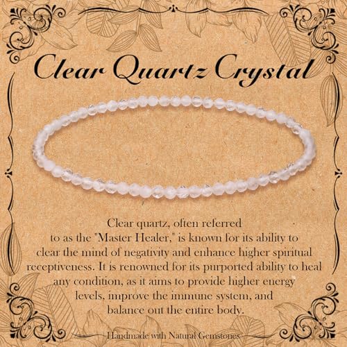 BONNY BOXX Natural Genuine Gemstone Faceted Round Beads Bracelets, 3mm Adjustable Stretchy Tiny Faceted Black Tourmaline Bracelet, Healing Crystal Reiki Chakra Dainty Jewelry Fashion Gifts - color: Clear Quartz Crystal