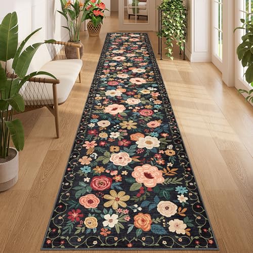 DUKINO Washable Runner Rug 2x12, Ultra Soft Floral Runner Rug for Hallway, Boho Non Slip & Non Shedding Indoor Entryway Carpet for Kitchen, Laundry Room, Bathroom, Bedroom, Entrance, Black - color: Black, size: 2' x 12' (Rectangular)