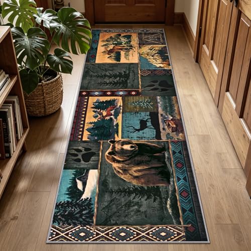 ASPMIZ Rustic Runner Rug 2x7, Lodge Bear Moose Cabin Runners for Hallways, Southwestern Wildlife Washable Rug Hall Carpet Runner Non Slip, Buffalo Floor Runners for Kitchen Laundry Entryway, Blue - color: Blue, size: 2' X 7' (Runner)