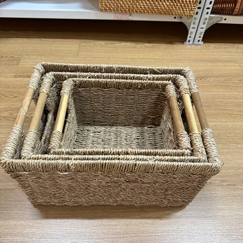 HomeRoots Seagrass Storage Baskets Set of 3, Woven Seagrass Baskets for Shelves, Closet, Nursery, Living Room, Natural Wicker Storage Baskets for Organization and Home Decor