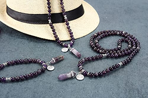 Jovivi 108 Mala Beads Bracelet 8mm Natural Amethyst Rose Quartz Healing Crystal Stone Mala Prayer Bead Necklace Hexagonal Prism Gemstone Reiki Pointed Pendant for Yoga Meditation Energy Balancing - color: Amethyst Crystal