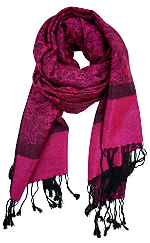 Plum Feathers Two Tone Vintage Paisley Pattern Pashmina Scarf - color: Magenta