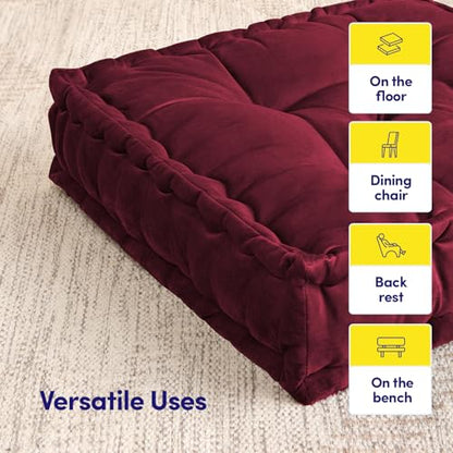 Floor Pillow Large Square Tufted Decorative Cushion 20" x 20" Faux Velvet Fabric Ultra Thick Fill for Kids and Adults, 1 Pack, Burgundy Red