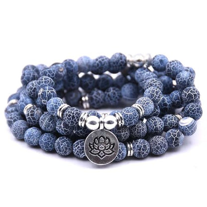 108 Mala Beads Bracelet Necklace - Gemstone Prayer Beads with Lotus Charm for Meditation & Yoga - style: Blue Crackle Agate