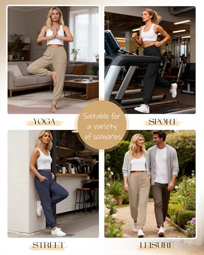 3 Pack Women's Lounge Pants Yoga High Waist Sweatpants Workout Lightweight Casual Joggers Comfy Pajama with Pockets - color: Black, Charcoal Gray, Khaki, size: X-Large