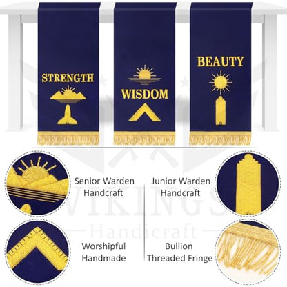 Handmade Masonic Altar Pedestal Covers - Set of 3 Royal Blue Velvet Banners - Strength Wisdom Beauty Embroidery - 13x37 Inches Ceremonial Regalia Accessory