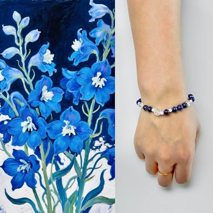 Birth Flower Crystal Bracelets for Women, Handmade Natural Gemstone Stretch Jewelry with Healing & Positive Energy - color: Jul. Larkspur & Lapis Lazuli