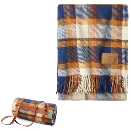 Pendleton Motor Robe Wool, Camping Blanket with Leather Carrier, Western Plaid for Outdoor Adventures and Cozy Home Comfort - Steens Mountain - color: Steens Mountain, size: 52" x 66"