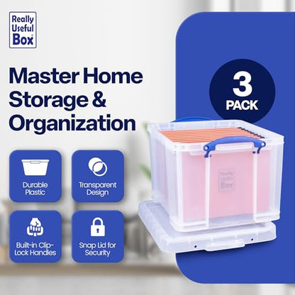 Really Useful Box 3-Pack Clear Stackable Storage Containers with Snap Lids, 32 Liters - Plastic Organizer Bins with Clip-Lock Handles for Home, Bedroom, Closet, Bathroom, Garage, and Office