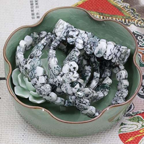 Keleny Semi Precious Stones 14mm Faceted Oval Beads Crystal Rock Elastic Bangle 7.5 Inch - color: Green White Tree Agate