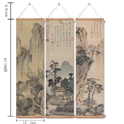 xinyuru Chinese Ancient Landscape Wall Art Poster,Tradition Canvas Printing,Oak Wood Scroll Painting Decor for Bedroom Living room (Landscape 01, 12”x41”x3 Piece)
