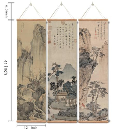 xinyuru Chinese Ancient Landscape Wall Art Poster,Tradition Canvas Printing,Oak Wood Scroll Painting Decor for Bedroom Living room (Landscape 01, 12”x41”x3 Piece)