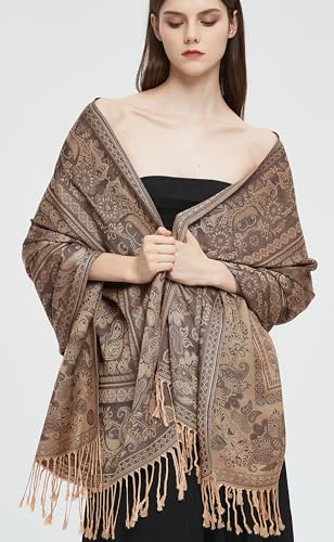 Pashmina Shawl Wrap with Ethnic Paisley Two Tone Jacquard Scarf for Women - color: Black Beige
