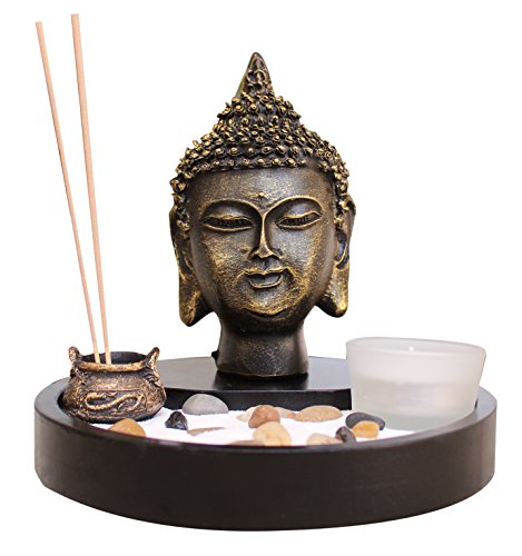 Zen Garden Deluxe Desk Meditation Garden Includes Large Buddha Head Statue, Incense and Incense Holder, Sand, Rocks, Tea Light Holder (Candles Not Included)