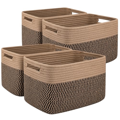 OIAHOMY 4 Pack Storage Baskets for Organizing, Basket for Shelves with Handle, Woven Baskets for Storage Toys, Towels, Books, Cotton Rope Basket 13" L x 9 " W x 7.8 " H, Brown & Black - color: Brown & Black
