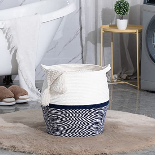 KAKAMAY Woven Baskets for Storage(17"x17"),Large Cotton Rope Basket Woven Baby Laundry Hamper,Collapsible Laundry Basket, Blanket Basket for Living Room,Nursery,Clothes, Toy chest(Navy Blue) - color: Navy Blue