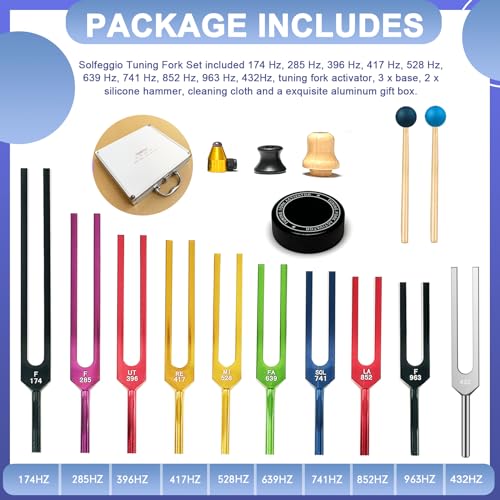Solfeggio Tuning Fork Set - 10 Multicolour Tuning Forks Perfect for DNA Healing with Exquisite Aluminum Gift Box (174 Hz, 285 Hz, 396 Hz, 417 Hz, 432Hz, 528 Hz, 639 Hz, 741 Hz 852 Hz, 963 Hz) - color: Solfeggio Multicolour C