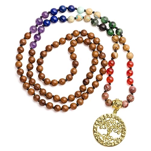 Bivei 7 Chakra 108 Mala Beads Bracelet Real Gemstone Yoga Meditation Hand Knotted Mala Prayer Bead Necklace - size: 6mm, style: Viking Compass - Wooden beads