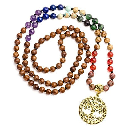 Bivei 7 Chakra 108 Mala Beads Bracelet Real Gemstone Yoga Meditation Hand Knotted Mala Prayer Bead Necklace - size: 6mm, style: Viking Compass - Wooden beads
