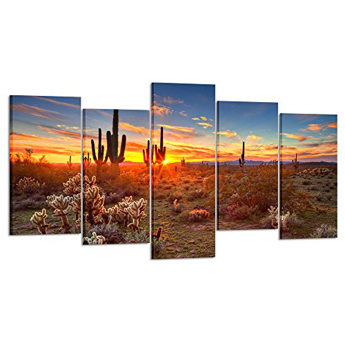 KREATIVE ARTS - Natural Landscape Paintings Wall Art Sunset with Saguaros in Sonoran Desert 5 Pieces Picture Print on Canvas for Modern Home Decoration (Large Size 60x32inch)