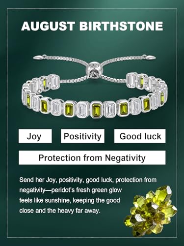 Birthstone Bracelets for Women, Sterling Silver Tennis Bracelets Emerald Cut Bezel Set with Adjustable Chain, Elegant Anniversary, Birthday or Valentine's Day Gift - color: 08-Aug-Peridot