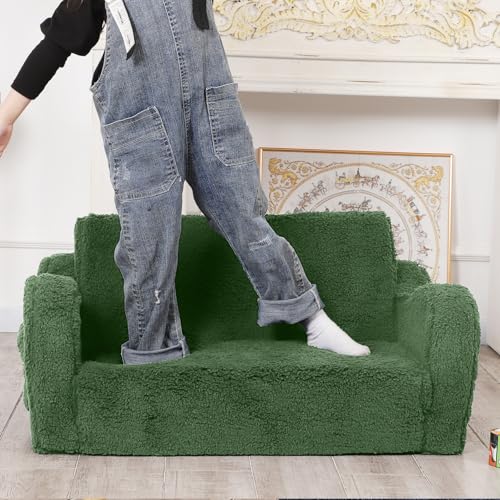 MOMCAYWEX Kids Sofa, 2-in-1 Flip-Out Foam Couch, Soft Play Lounge Chair for Toddlers and Children, Extra Wide, Green - color: Green, size: Large