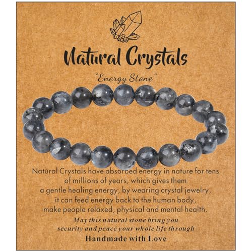 MAIBAOTA Healing Crystal Bracelet for Women Men, 8/4 mm Natural Stone Beaded Bracelets, Jewelry Birthday Gifts, Round Gemstones Stretch Bracelets - color: Gray-Labradorite, size: 8 mm