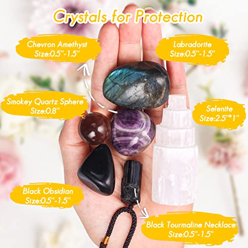 Protection Crystals and Healing Stones, Black Tourmaline Necklace, Selenite Tower,Smokey Quartz Sphere,Black Obsidian Healing Crystals Set for Meditation Accessories,Witchcraft Supplies - color: Protection