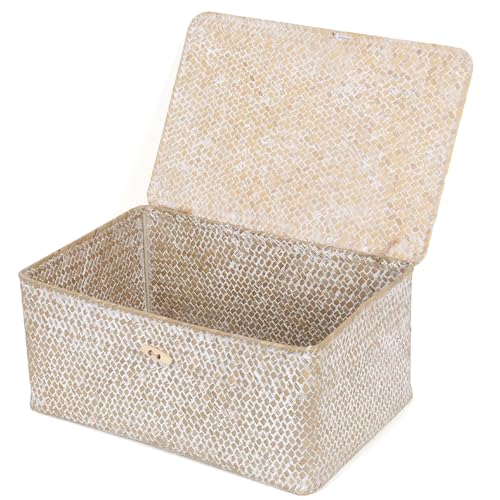 FEIALNDUO Wicker Shelf Baskets with Lid,Seagrass Storage Basket Bins Rectangular Handwoven Basket Boxes for Shelves Desktop Home Organizer (Whitewash, Large) - color: Whitewash, size: Large