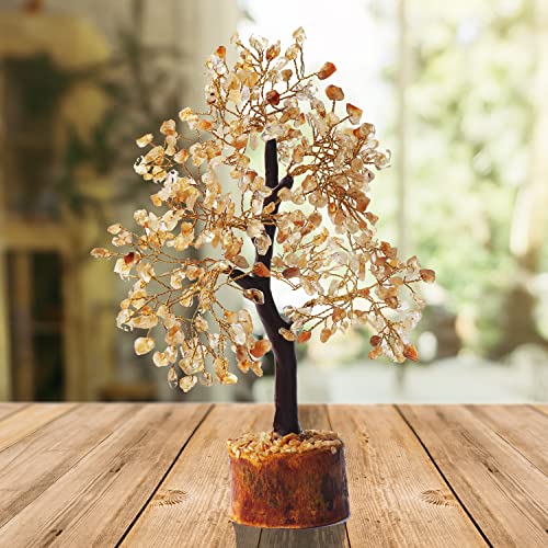 Zenfulstone Citrine Tree of Life Artificial Tree, 10-12 Inches, Wooden Base, Positive Energy, Versatile Use, Wonderful Gift - color: Citrine Golden Wire