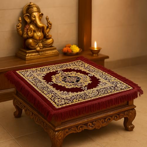 Garden Of Arts® Velvet Pooja Aasan Mat 20x20 Inch – Soft Maroon Velvet Mat with Traditional Printed Design – Perfect for Temple, Meditation, Prayer, Festival & Home Decoration