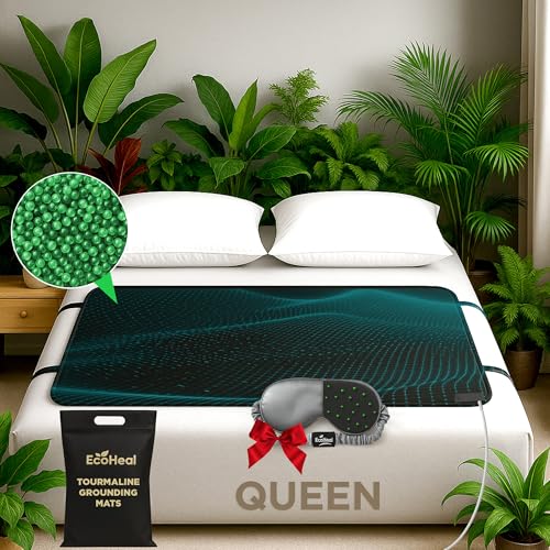 Luxury Tourmaline Grounding Mat Queen 59” x 27” for Bed & Desk – Conductive PU Leather Surface, Quality Certified, Includes Silver Sleep Mask & 15ft Cord - size: Queen - 59”x27”