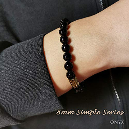 Morchic 8mm Genuine Gemstone Stretch Bracelet for Women Men Unisex, Natural Energy Crystal Stone Beads, Classic Simple Design Cuff Birthday Gift 7.5 Inch - color: Black Onyx