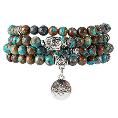 Bivei 108 Mala Beads Necklace Long Beaded Wrap Bracelets Genuine Gemstone Mala Prayer Beads Lotus Buddha Charm Yoga Meditation Necklace - color: Blue Lace Agate-Lotus OM-Buddha