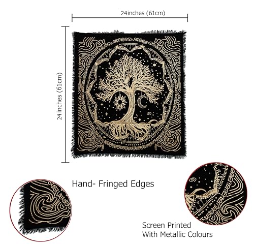 Indian Consigners Tree of Life Altar Cloth Tapestry Tablecloth Celtic Trees Ritual Spiritual Cloth for Sacred Places, Cotton Square Tarot Table Cover 24 by 24 Sacred - color: Golden Sun Moon Tree, size: 24" x 24" (Square)
