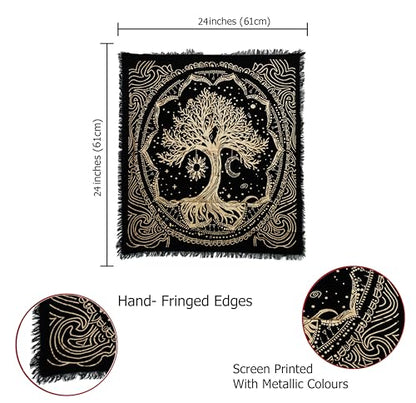 Indian Consigners Tree of Life Altar Cloth Tapestry Tablecloth Celtic Trees Ritual Spiritual Cloth for Sacred Places, Cotton Square Tarot Table Cover 24 by 24 Sacred - color: Golden Sun Moon Tree, size: 24" x 24" (Square)